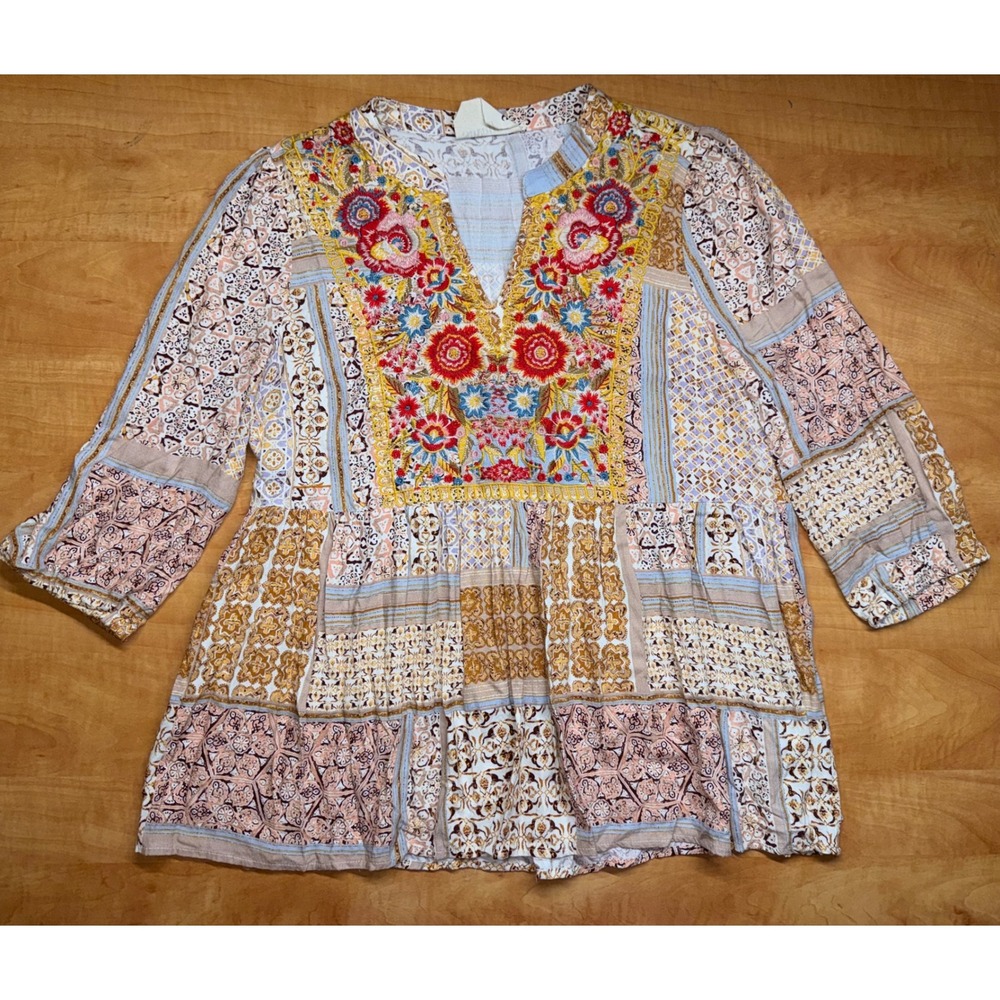 Savanna Jane Boho Embroidered Patchwork Tunic Top Multicolor Large‎